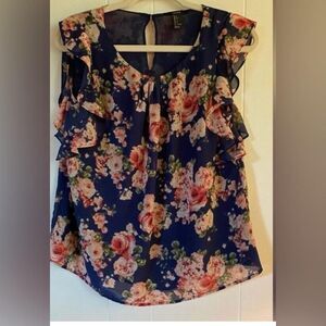 Blouse Women’s Small Navy Blue Floral Ruffle Sleeveless Cottagecore